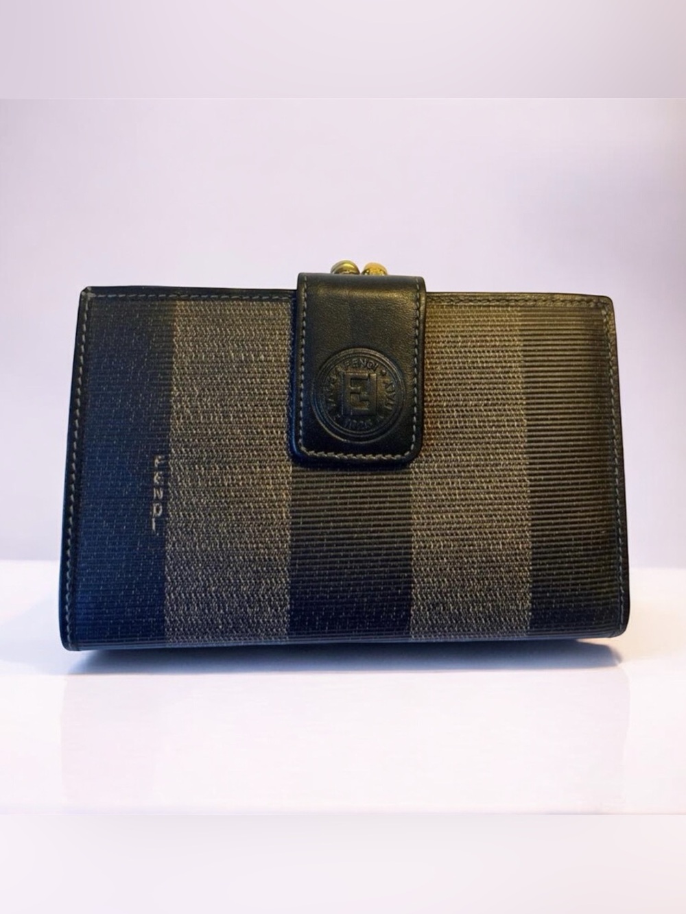 Fendi Kisslock Wallet Pequin Stripe Canvas & Leather French Wallet Vintage